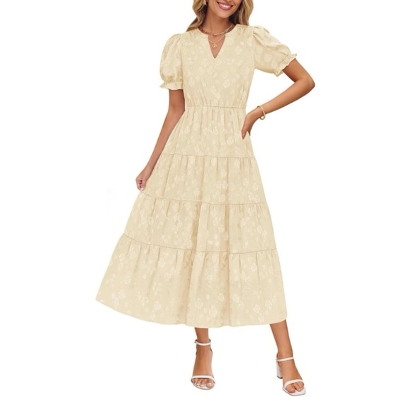 ZESICA Womens Summer Puff Short Sleeve Midi Dress Floral V Neck Textured Ruffle - Picture 1 of 5